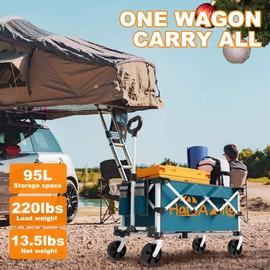 Collapsible Folding Wagon, 220lb Heavy Duty Practical Grocery Garden Cart for Travel, Portable Utility Wagon Cart with 4-Wheel for Yard Shopping Camping Fishing Sports Pet (Blue)