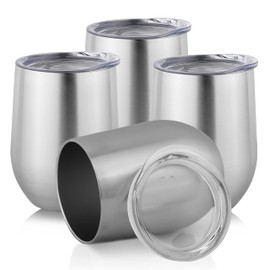 DOMICARE Vaso de vino de acero inoxidable a granel con tapa, juego de vasos aislados personalizados, tazas de café de viaje de 12 onzas, paquete de 4, acero inoxidable