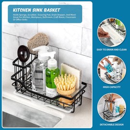 COCOBOSS Sink Organiser, Kitchen Organiser, Sink Sponge Holder, Premium Stainless Steel Sink Organiser, Kitchen with Removable Drip Tray and Non-Slip Strips, Black (22 x 9 x 13 cm)