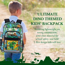 MGgear 16 Inch Clear PVC School Backpack with Green Dinosaur Pattern and Black Trim, Cartoon T-Rex Print Transparent Bag for Elementary School-Age Children Kids