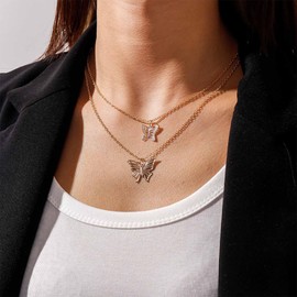 Cimenexe Bohemian Layered Butterfly Choker Necklace Double Butterfly Pendant Necklace Gold Hollow Butterfly Chain Necklace Small Butterfly Collar Necklace Jewelry for Women