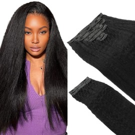 IDN BEAUTY Seamless Clip In Hair Extensions Human Hair, Kinky Straight 14 Inch Natural Black Seamless Clip Ins For Black Women PU Weft Invisible Edge Soft Thick Ends 130g 9pcs