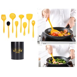 9Pcs Cooking Utensil Utensil Holder Silicone Kitchen Ware Turner Soup Ladle Tool Set Kit with Bucket for Cooking Washing Pots Beautiful Kitchen