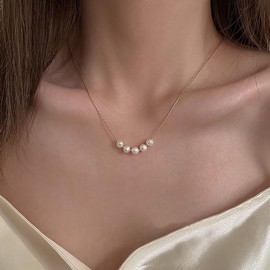 Inateannal Boho Pearl Choker Necklace Chain Gold Pearls Necklace Vintage Pearl Pendant Necklace White Freshwater Pearls Necklace Tiny Pearl Ball Chain Necklace, Zinc, No Gemstone