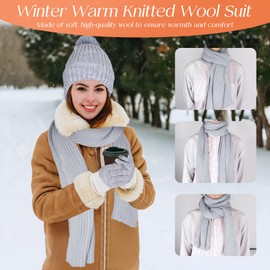 4PCS Winter Beanie Hat Scarf Gloves Set, Grey Warm Long Scarf Beanie Hat Touch Screen Gloves Thermal Socks, Winter Thick Set for Women Outdoor Sports Skiing Fishing
