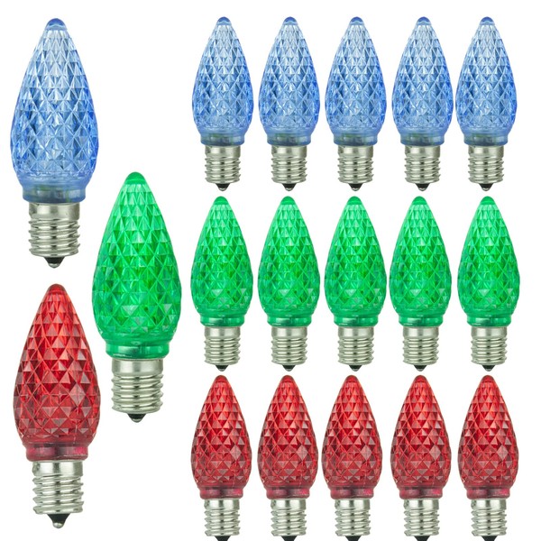 DYSMIO Decorative Colored Christmas Replacement LED Light Bulb 0.4 W, 120 V, C9 Type Bulb Design, Commercial Grade E 17 Socket with Damp Rating, Red- Green- Blue, 18 Pack 6 of Each Color