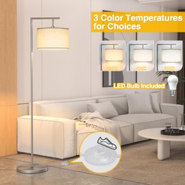 CNXIN Floor Lamp for Living Room with 3 Color Temperatures Standing Lamp with Adjustable Beige Linen Lampshade Tall Lamps for Bedroom Office Classroom Dorm Room, 9W LED Bulb Included, Silver