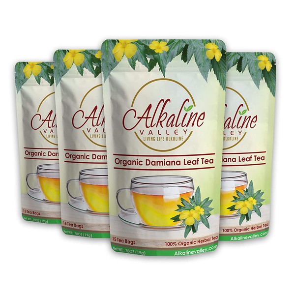 Organic Damiana Tea - 15 Unbleached/Chemical-Free Damiana Tea Bags - (Pack of 4) - Caffeine-Free, No GMO, 100% Alkaline