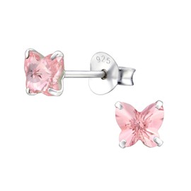 925 Sterling Silver with sparkling crystals small butterfly stud earrings women girls 5mm sparkly light rose pink anti allergy hypoallergenic nickel free jewellery ladies sensitive ears gift box