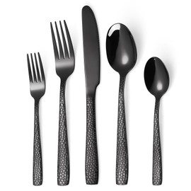 20 Piece Black Modern Flatware Set Hammered Silverware Set Stainless Steel Fine Vintage Dining Cutlery Utensil Set Forged with Hammered Handle Service for 4 Reusable Mirror Finish Dishwasher Safe