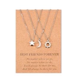 SUNSH Sun and Moon Best Friend Necklaces for 3 Women Teens Girls Friendship Bessties Necklace Set Sister Jewellery BFF Gifts for Her Silver Gold, Stainless Steel, No Gemstone
