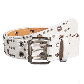 Obmyec Grommet Leather Belts PU Leather Black Belt for Women Double Holes Belt for Men (White)