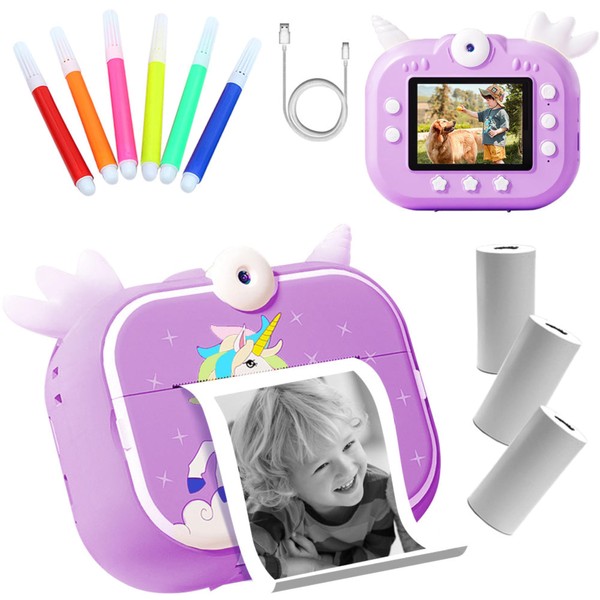 Kids Camera Instant Print, Girls & Boys Zero Link Print Photo Selfies Video Digital Camera with Photo Paper Print Rolls, 16GB Micro SD Card, Birthday, (Purple)