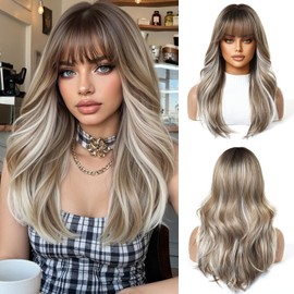 OUFEI Long Wavy Ombre mixed Blonde Wigs for Women with Bangs Natural Synthetic Hair Heat Resistant Wigs for Daily Party Cosplay Wear