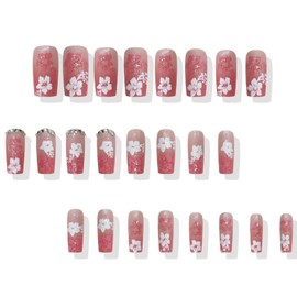 Square Press on Nails Medium Fake Nails with Designs White Flower Stick on Nail Rhinestone Acrylic False Nail French Glossy Artificial Nail Full Cover Glue on Nails for Women