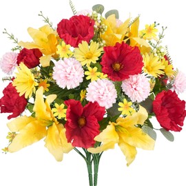 Minnhua 18.5" Artificial Cemetery Flowers for Grave, 2 Bunches Silk Yellow Lily Red Poppy Funeral Flowers Arrangements for Cemetery Spring Summer Table Centerpieces Kitchens Decoratio