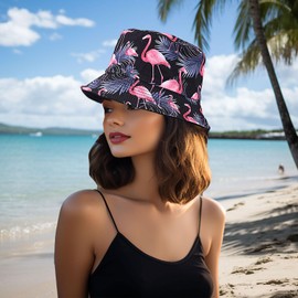 IHAUIUE Flamingo Print Bucket Hat Hawaiian Beach Fishing Cap Reversible Packable Sun Hats for Women, Men, Ladies, Girls, Leaves Black Blue Flamigo, One Size-Large