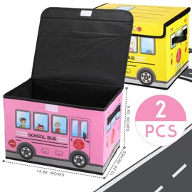 Sweetude 2 Pcs School Bus Treasure Box for Classroom, Foldable Chest Storage Box Toy Box Chest with Lid Treasure Storage Organizer Bin for Kids Teachers Toy Prizes Awards for Students (Yellow, Pink)