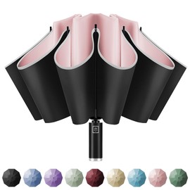 Yoobure Inverted Windproof Travel Umbrella - Automatic Umbrellas for Rain, Compact Folding with Reflective Stripe, Portable Large for Backpack, Lightweight with Sun UV Protection