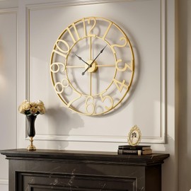 Large Wall Clock 30 Inch, Decorative Gold Clocks Silent Non Ticking Battery-Operated for Living Room Kitchen Mantel Decor, Metal Round Modern Wall Clocks Arabic Numerals