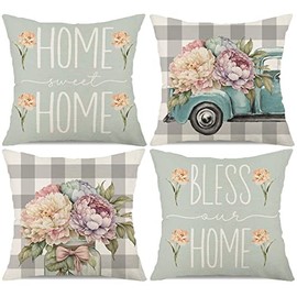 Farmhouse Spring Summer Pillow Covers 18x18 Set of 4 Buffalo Plaid Flower Peony Truck Bloom Pillows Decorative Quote Throw Pillows Pillowcase Decorations Farmhouse Decor for Home Decor
