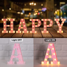 Foaky Kitty Room Decor，Pink Party Decorations,Girls Room Decor,Glitter Light Up Letters,Alphabet Letter Sign for Night Light Birthday Party Girls Gifts, Home Bar Decoration（T）