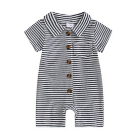 Baby Boy Rompers Waffle Striped Jumpsuit Lapel Collar Button Bodysuit Cute Newborn Summer One Piece Outfit Welcome Home 0 3 6 12 18 24Months (White Black, 18-24 Months)