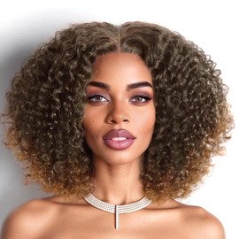 FANCEE Kinky Curly Bob Wig 13x4x1 Inch HD Lace Front T Part Wig for Black Women Short Synthetic Ombre Brown Afro Coily Wigs Natural Hairstyle(Ombre Brown,15 Inches)
