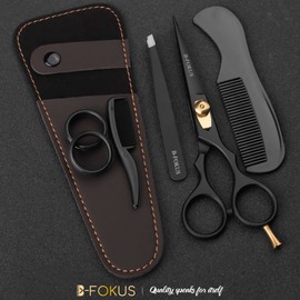 B-FOKUS 5.5” Durable Beard and Mustache Scissors, Black German Stainless Steel Beard Scissors for Facial Hair Care, Beard Scissors for Men Come with Gorgeous Case, Tweezers and Comb Set (Black)
