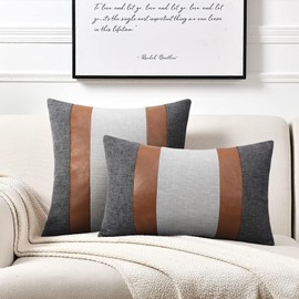 Merrycolor Faux Leather and Linen Throw Pillow Covers 18x18 Inch Patchwork Modern Farmhouse Pillow Covers Gray and Brown Accent Pillows Decorative Pillows for Couch Sofa Bed, Set of 2