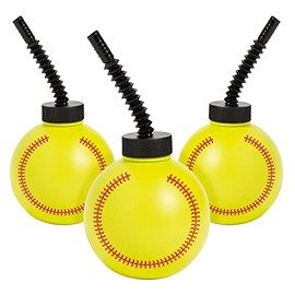 Fun Express 8 Pieces Softball Cups with Lids & Straws, Holds 14 oz, BPA Free Plastic, Birthday Party Supplies, Yellow