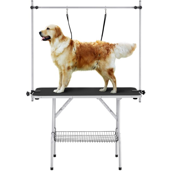 Yaheetech 46'' Pet Grooming Table for Large Dogs Adjustable Height Portable Trimming Table Drying Table w/Arm/Noose/Mesh Tray Maximum Capacity Up to 265Lb, Black