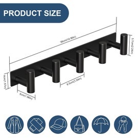 HUFEEOH Coat Hooks Wall Mount, Black T Shaped 5 Hooks Stainless Steel Wall Hooks Towel Rack for Hanging, Heavy Duty Key Holder Hat Rack Used for Bathroom Mudroom Entryway