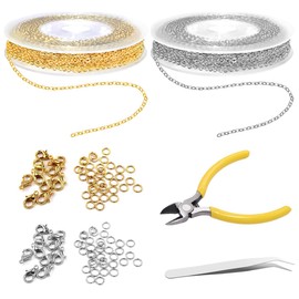 2 Rolls 5 m Link Chain Sold by the Metre Kit with 40 Lobster Clasps and 100 Jump Rings, Chain Sold by the Metre, Chain Crafts for DIY Bracelet Chain Jewellery Making with Cutters, Tweezers (Gold,