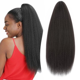 S-noilite Drawstring Ponytail for Black Women Kinky Yaki Straight Hair Extension 60 cm Long Thick Pony Tail Clip in Synthetic Hairpiece, Natural Black