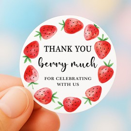 120 x Thank you Berry Much Themed Party Favor Tags Stickers - Strawberry Birthday Party Favor Labels - Berry Sweet First Birthday Thank You Stickers, 1.6”