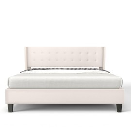 BONSOIR Bed Frame Upholstered Traditional Low Profile Platform with Wing Back Headboard/No Box Spring Needed/No Bed Skirt Needed/Linen Fabric Upholstery/Sand (Cream, Full Size)