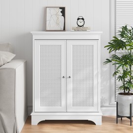 Smuxee Floor Bathroom Storage with Rattan Doors, White Bathroom Cabinet with Adjustable Shelf, Freestanding Modern Cabinet Organizer for Bathroom, Living Room, Kitchen