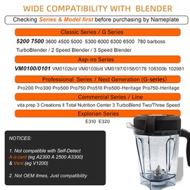 Blender Pitcher 64 oz Low-Profile Container, Compatible with 5200, 750, 5000, 6300, 7500, vm0102, vm0103, vm0197, E310 - Classic/Explorian/Commercial Series Cups