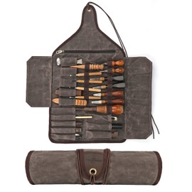 TOURBON Waxed Canvas Tool Roll Up Bag, 25-Pocket Wood Carving Chisel Carrying Case, Multi-Purpose Tool Pouch with Zipped Compartments