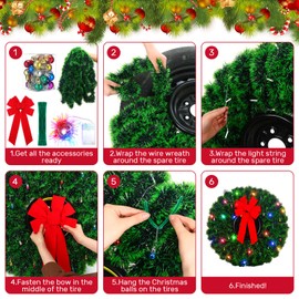 Wavwavw LED Christmas Car Spare Tire Decoration Make Your Own Truck Wreath 98.4 ft Tinsel Garland 24 Pcs Christmas Balls Ornaments Battery Operated Lights Outdoor Festive Accessory Decor(Green)