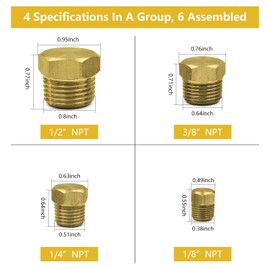 Brass Hex Pipe Plug Fittings Kits, Brass Plugs Fitting Assortment 1/8" 1/4" 3/8" 1/2" NTP Brass Plug Male Threaded 24 PCS