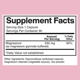 Magnesium Glycinate for Women 250mg Per One Capsule, Magnesium Glycinate Chelated for Her, 90 Capsules, 90 Days Supply