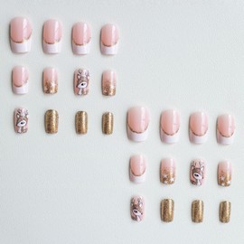 LPOODDNU French Tip Press on Nails Christmas Elk Fake Nails Short Square Christmas Acrylic Nails Kit Glossy Pink Gold Glitter Christmas False Nails Cute Christmas Stick on Nails for Women and Girls