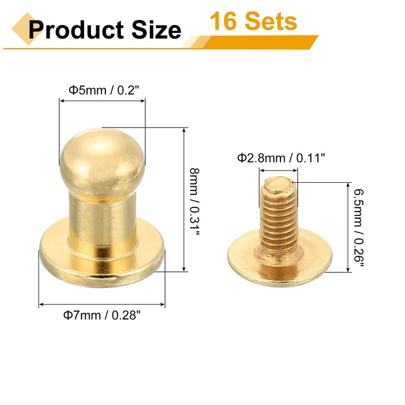 sourcing map 16Pcs Ball Head Stud Screw Back 5mm Round