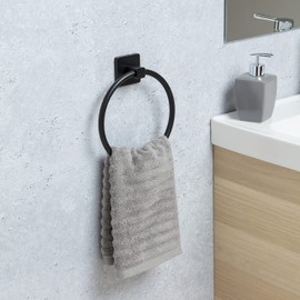 TATAY Round Towel Ring, from the NERO bathroom accessories collection, Stainless Steel and Zamak, Double Fixing System with Screws and Glu fix, Resists up to 10Kg, Black 19,5 x 5 x 22 cm