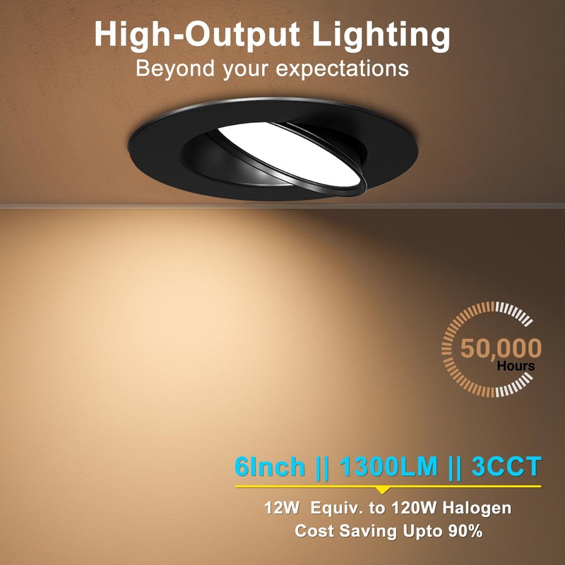 Lightdot 6 Pack 6 Inch LED Gimbal Recessed Lighting, 360°+90°