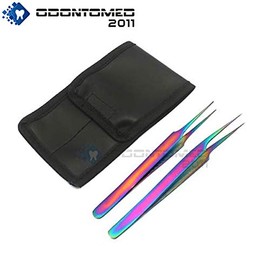 OdontoMed2011 Set of 2 Stainless Steel Multi Titanium Rainbow Color 3D Eyelash Extension Tweezers A Type Straight + Pro Straight Fine Point Jewelry-Making, Laboratory Work