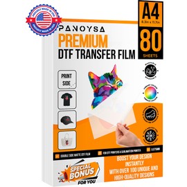 PANOYSA Upgraded DTF Transfer Film 8.5 x 11 in | 80 Sheets DTF Transfer Film| Transfer Paper for T Shirts| Double Sided Matte Finish| A4 PET Heat Transfer Paper Direct to Film |+100 Vectors Included