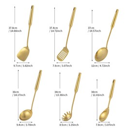 Gold 304 Stainless Steel Kitchen Utensils Set, VALESKA 6 PCS Metal Cooking Utensils Set, Wok Spatula, Ladle, Skimmer Slotted Spoon, Pasta Spoon, Serving Large Spoon, Slotted Spatula Tunner